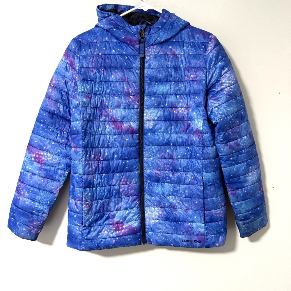 Lands' End Blue Primaloft Packable Puffer Jacket Coat Blue‎ Stars XL 14H-16H